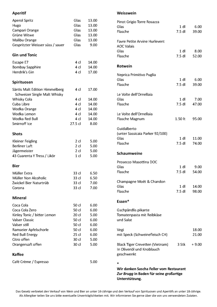 Speise- und Getränkekarte Gschpändlibar Badenfahrt 2023 